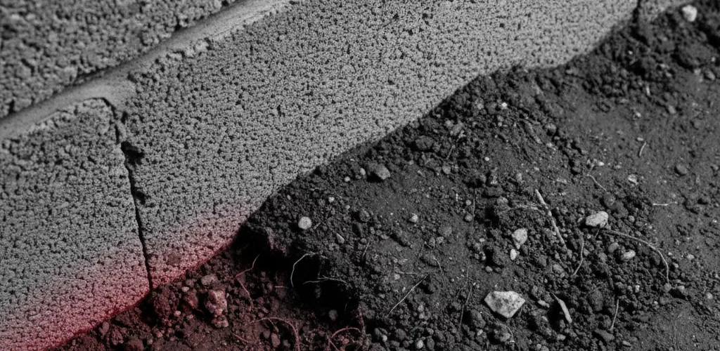 Dirt and debris along a concrete foundation where pests may enter a home