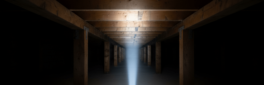 Dark crawl space inspection with flashlight under a home