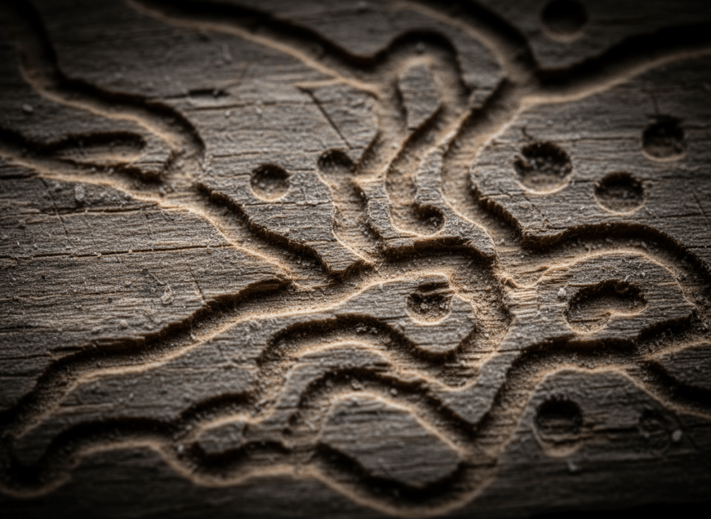 Termite tunnels and damage visible in wooden surface