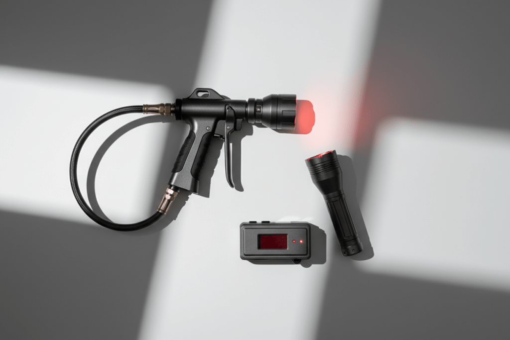 Pest control treatment equipment with flashlight and inspection device