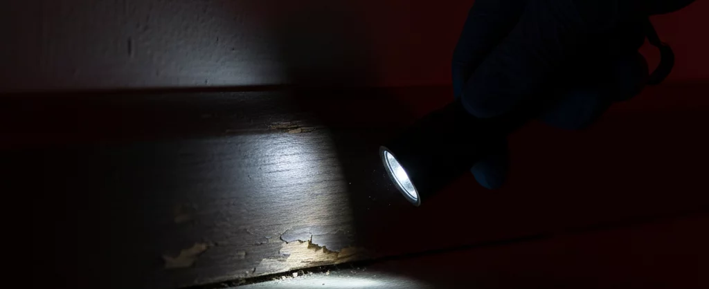 Flashlight inspecting wooden baseboard for signs of pest activity