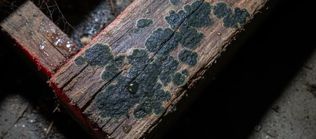 Mold and moisture buildup on wooden beams in a crawl space